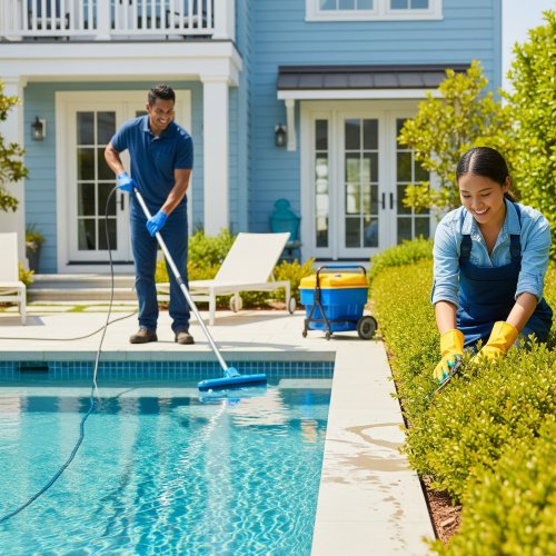 Lush garden and clean swimming pool
